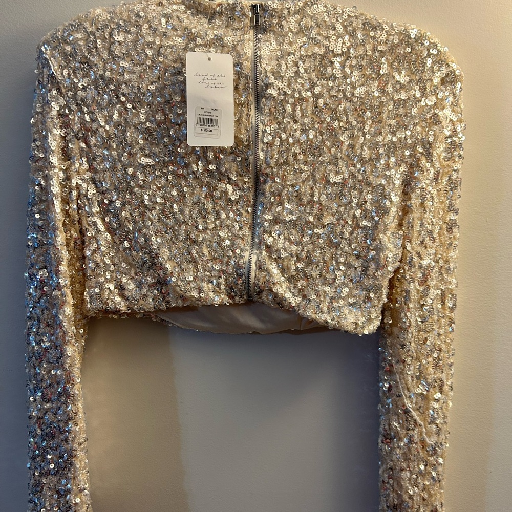NWT American Threads Sequin Crop Top Women small long sleeve beige sparkle shirt - Picture 4 of 8